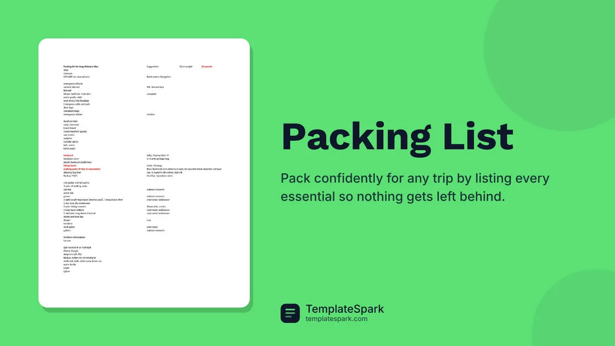 Packing List Packing List
