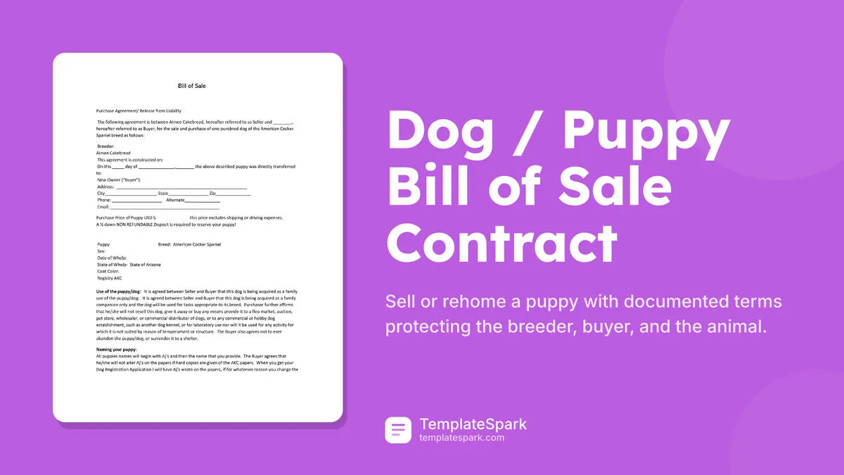 Dog / Puppy Bill of Sale Contract Dog / Puppy Bill of Sale Contract