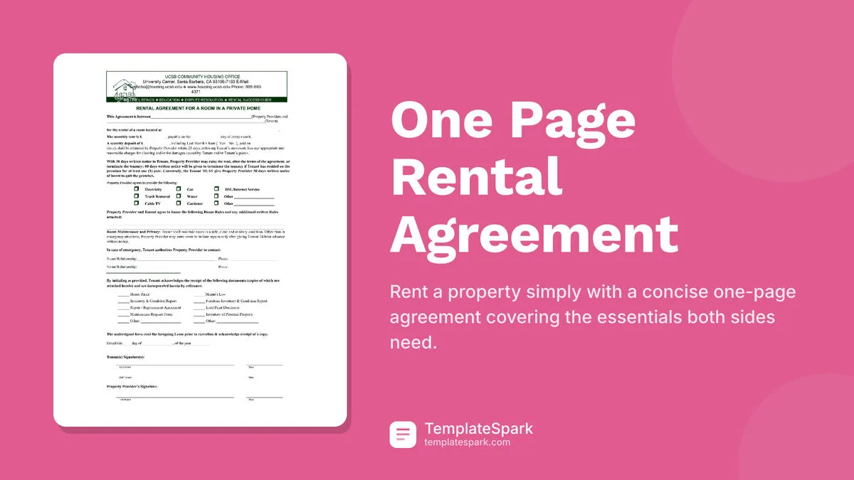One Page Rental Agreement One Page Rental Agreement