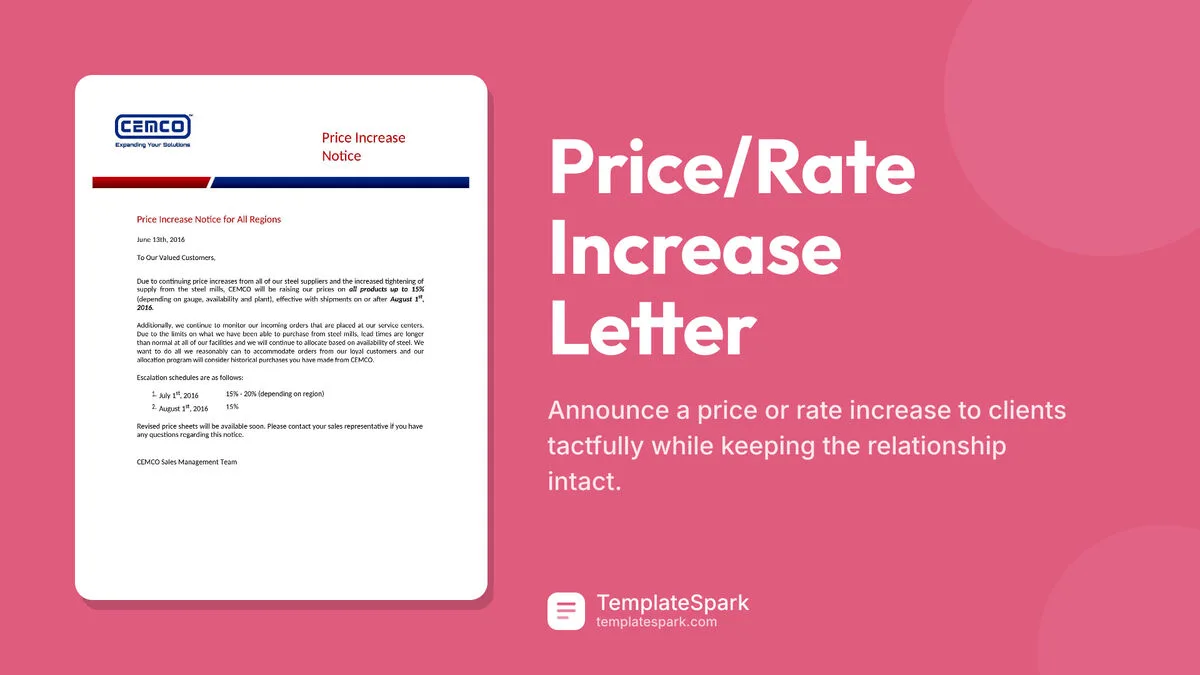 Price/Rate Increase Letter Price/Rate Increase Letter