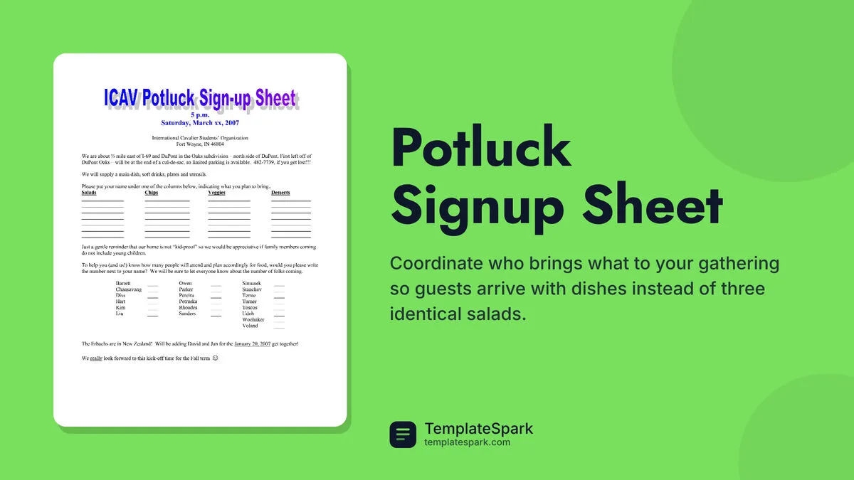 Potluck Signup Sheet Potluck Signup Sheet