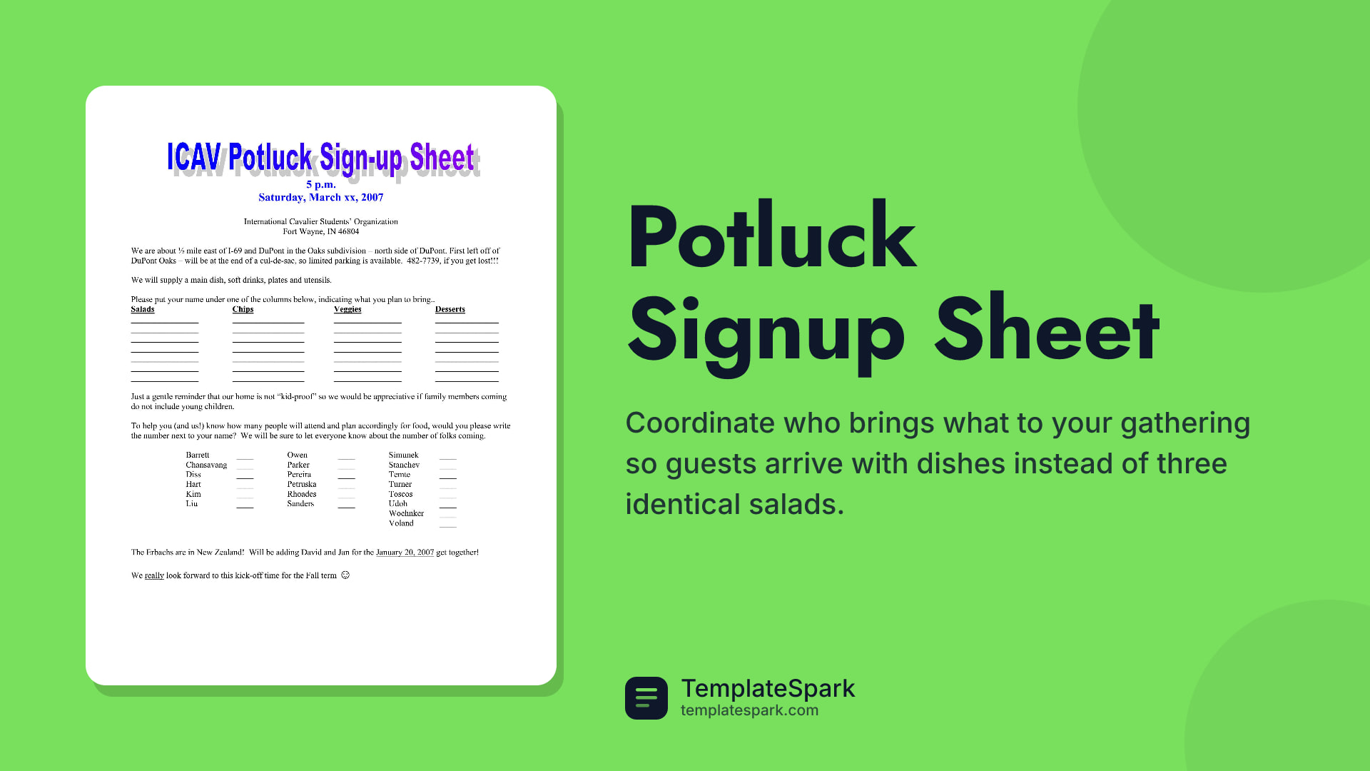 Potluck Signup Sheet