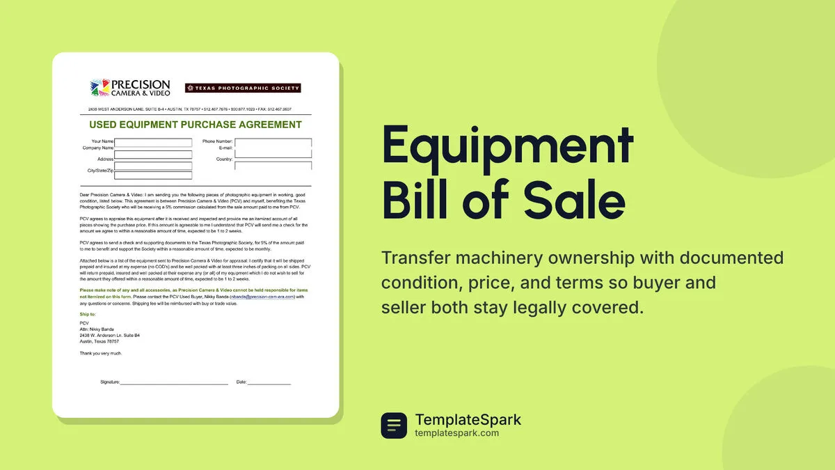 Equipment Bill of Sale Equipment Bill of Sale