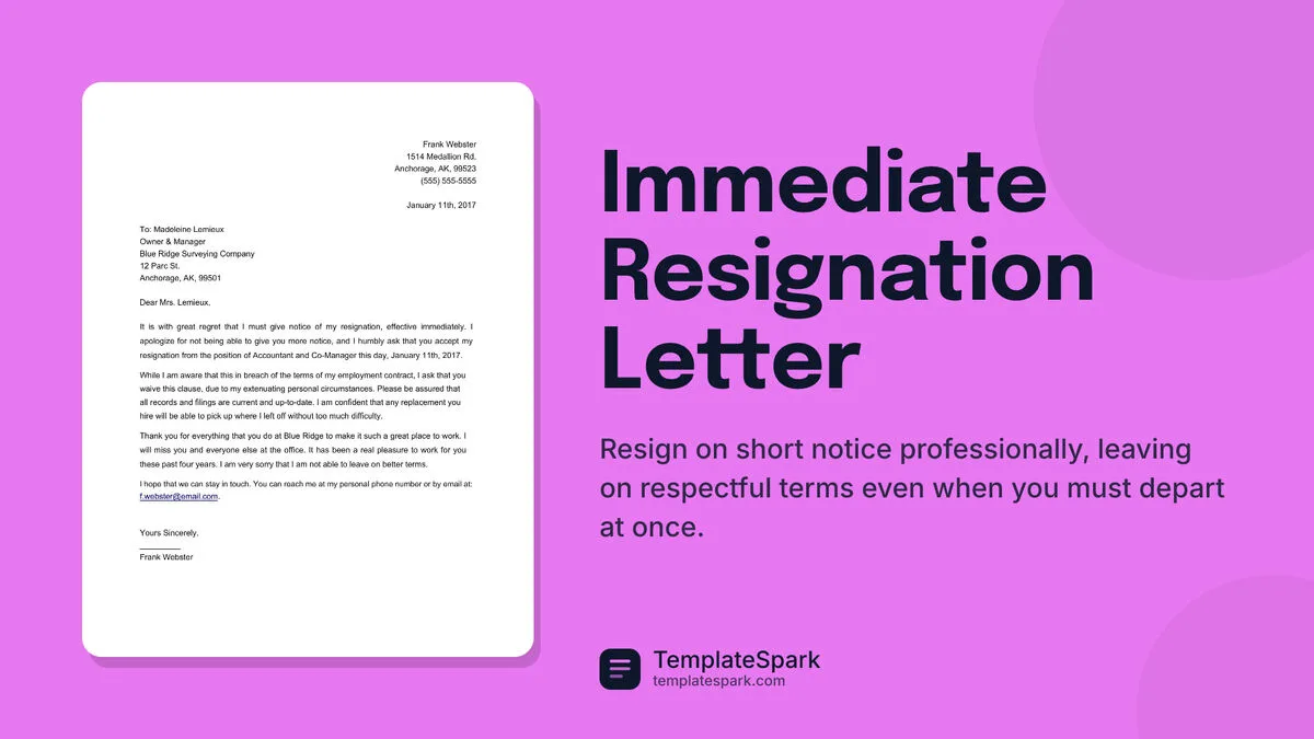 Immediate Resignation Letter Immediate Resignation Letter