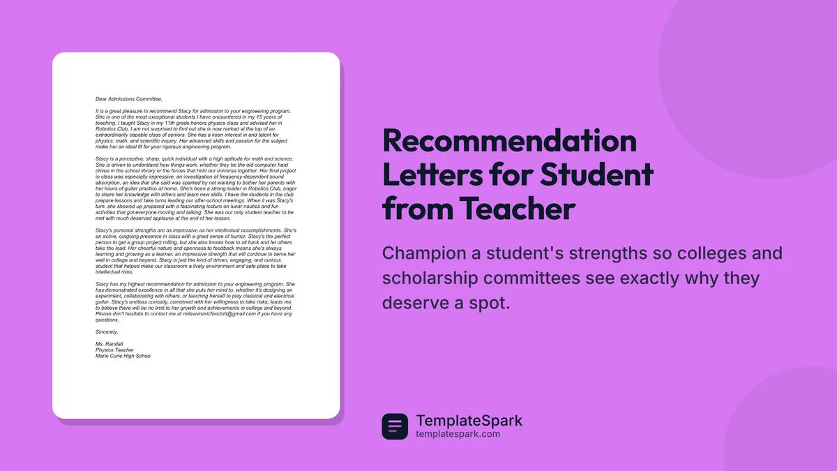 Recommendation Letters for Student from Teacher Recommendation Letters for Student from Teacher