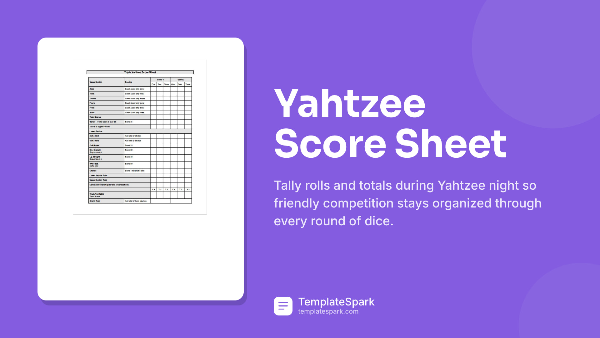 Yahtzee Score Sheet
